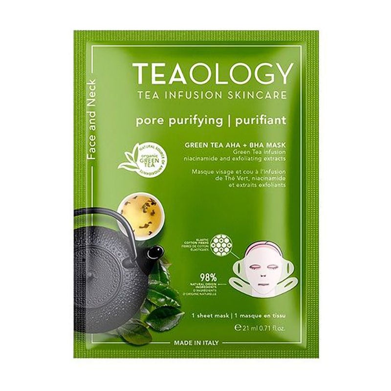 Тканинна маска для обличчя Teaology Green Tea AHA + BHA Face and Neck Mask, 21 мл